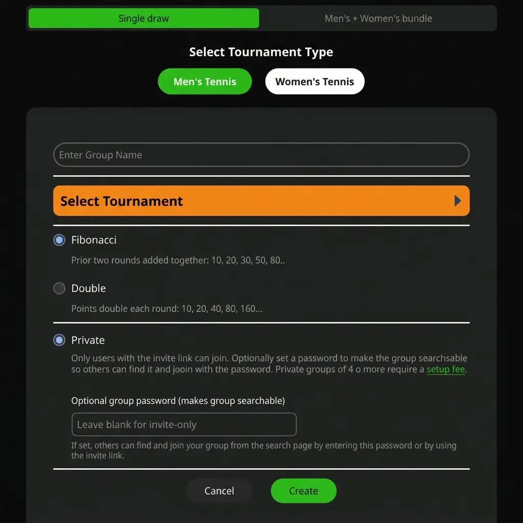 Create a new private group screen with draw type, Men's/Women's selection, scoring format and privacy options