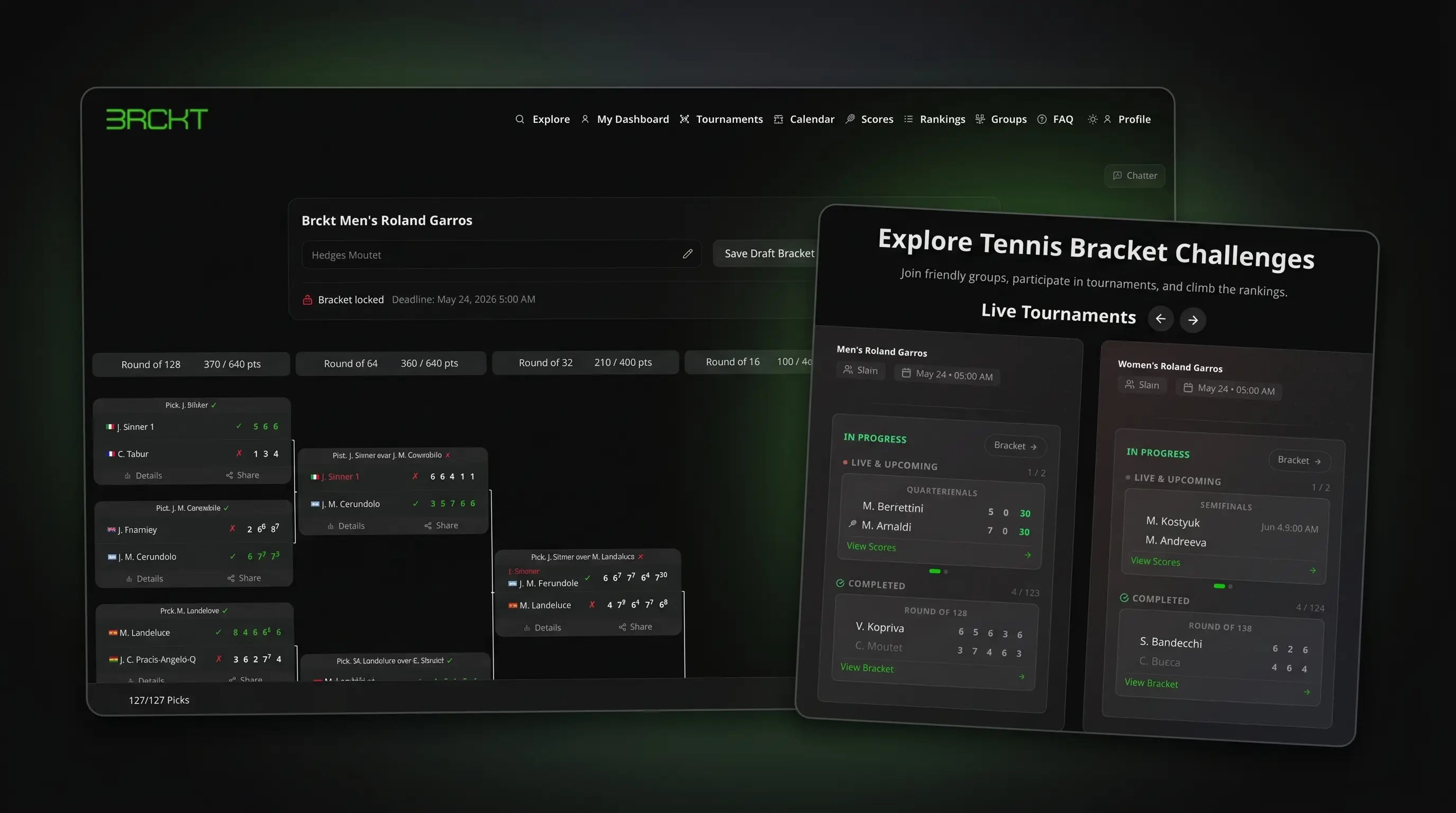 Brckt tennis bracket challenge platform showing a live tournament bracket with round-by-round picks and scores