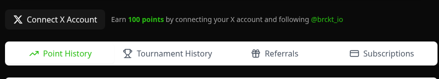Connect X Account banner with Point History, Tournament History, Referrals, and Subscriptions tabs