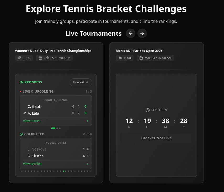 Explore page with Live Tournaments showing in-progress and upcoming matches