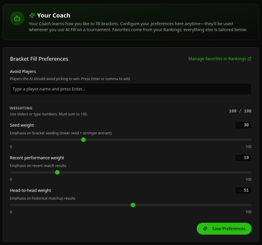 Brckt 'Your Coach' AI Bracket Fill preferences with avoid-players and weighting sliders for seed, recent performance and head-to-head