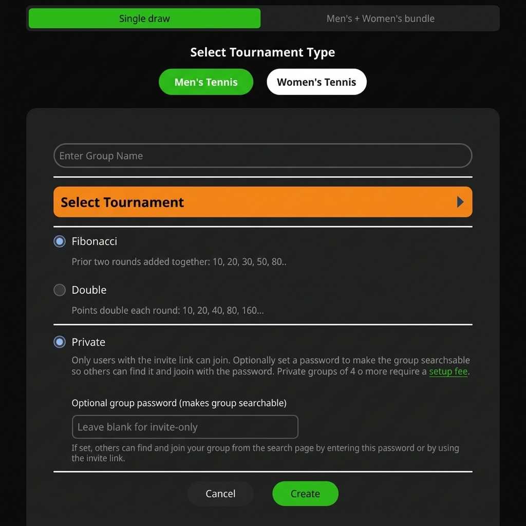 Create a new private group screen with draw type, Men's/Women's selection, scoring format and privacy options
