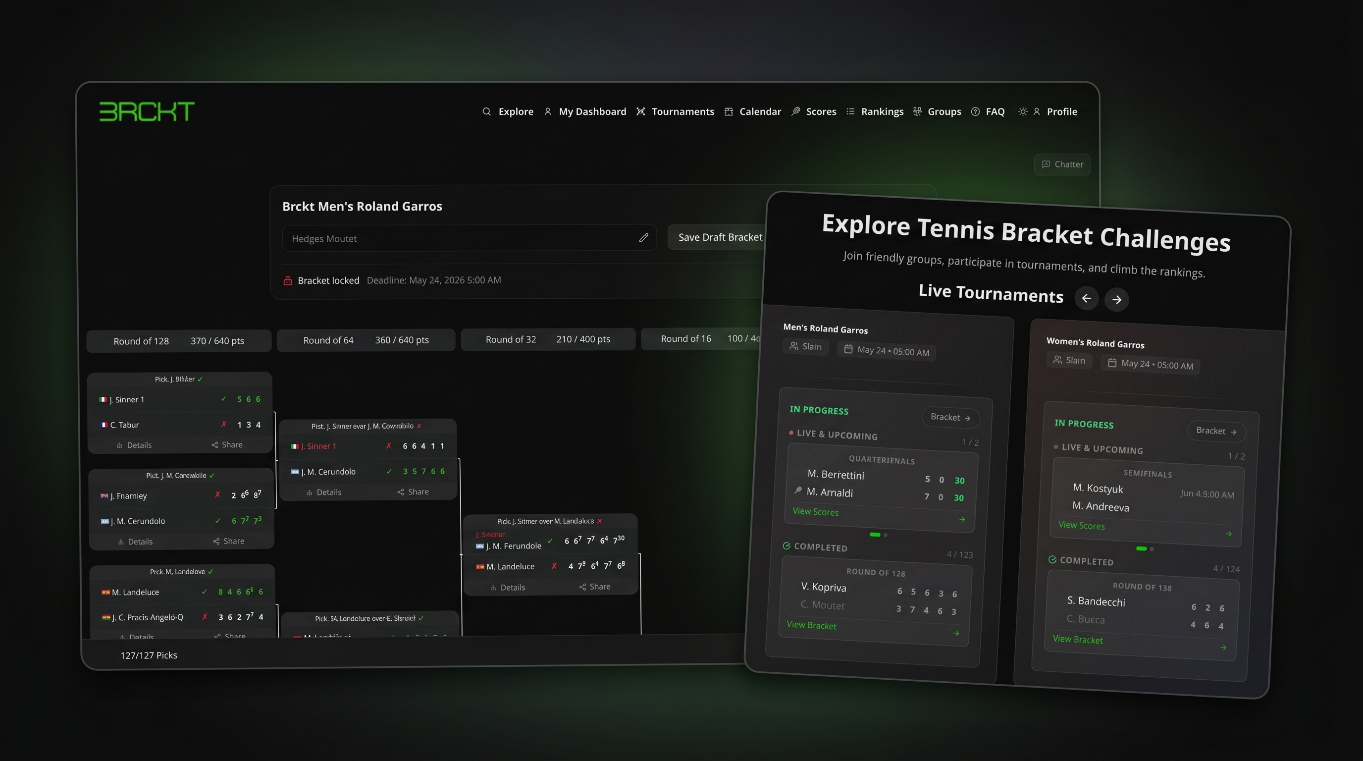 Brckt tennis bracket challenge platform showing a live tournament bracket with round-by-round picks and scores
