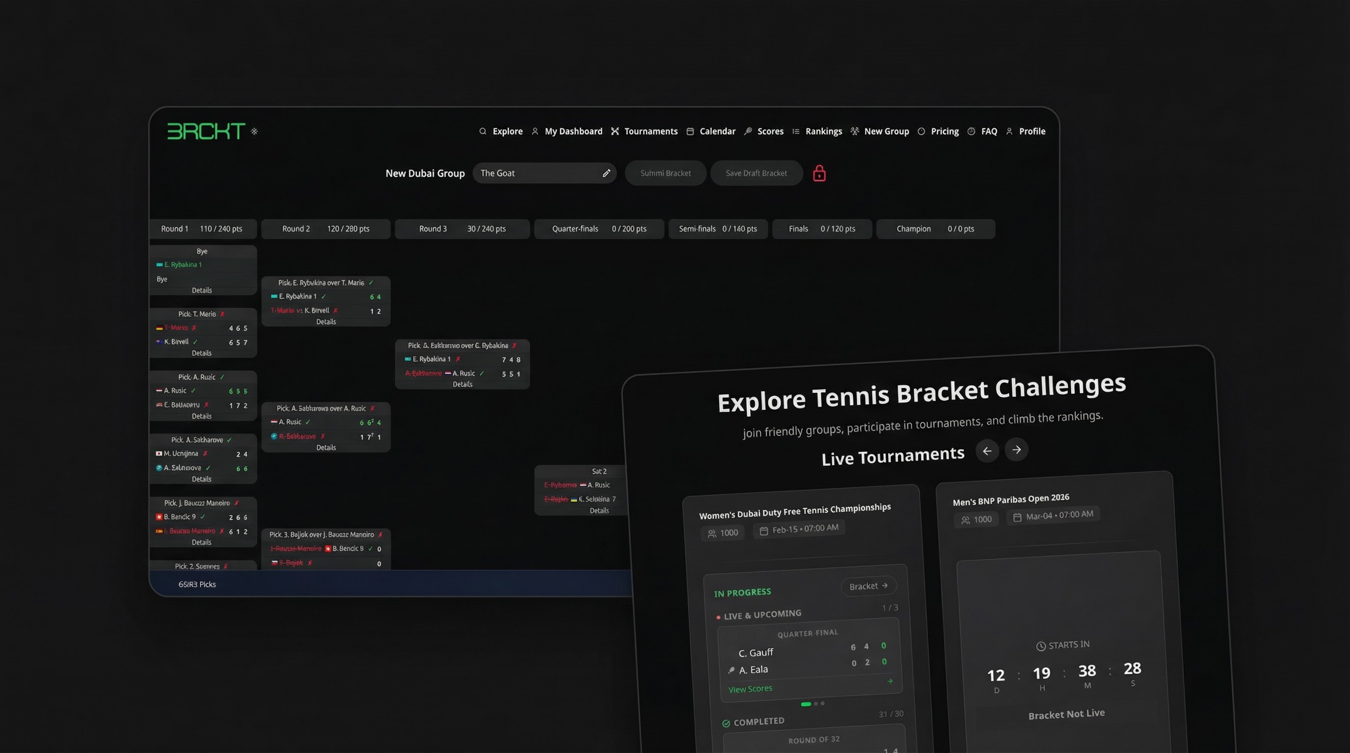 Tennis bracket challenge platform interface